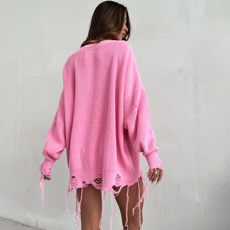 Distressed Tassel Women Baggy Sweater Neon Pink Ripped Hole Pullovers 2024 Fall Winter New Fashion High Street Jumpers