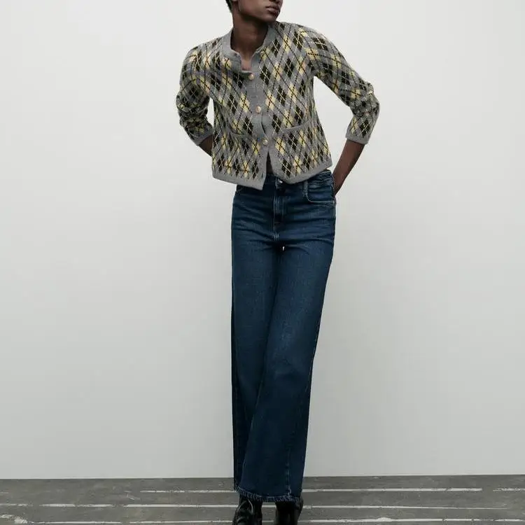 Chaqueta de Punto de Manga Larga con Cuello Redondo para Mujer, Estilo Informal, Estampado de Diamantes, Estilo Dulce, Fibra ...