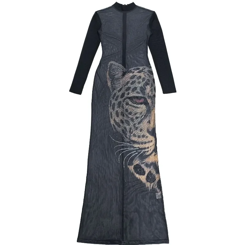 GUWU المرأة مثير حجر الراين بقماش شفاف مطبوعة ماكسي فستان طويل Bodycon ضمادة انظر من خلال ليلة خارج فستان الحفلات والنوادي