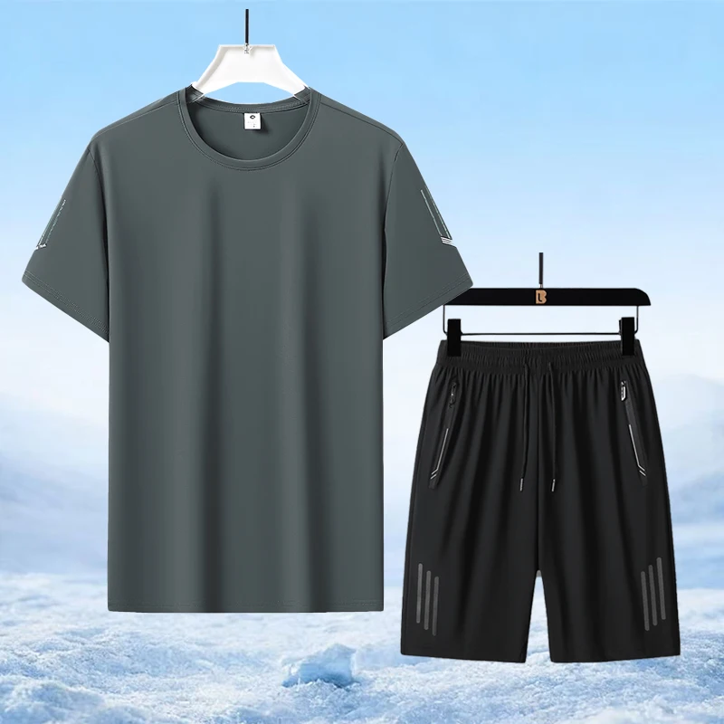 

Мужской спортивный комплект из ледяного шелка: быстросохнущие шорты и футболка с коротким рукавом для комплексных тренировок на открытом воздухе, легкий и дышащий повседневный комплект