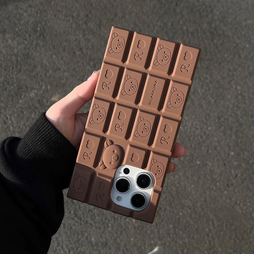 Creative Cartoon 3D Chocolate Rilakkuma Phone Case For iphone 16 Pro Max 15 14 Plus 13 12 Pro Max Funny Soft Silicone Cover