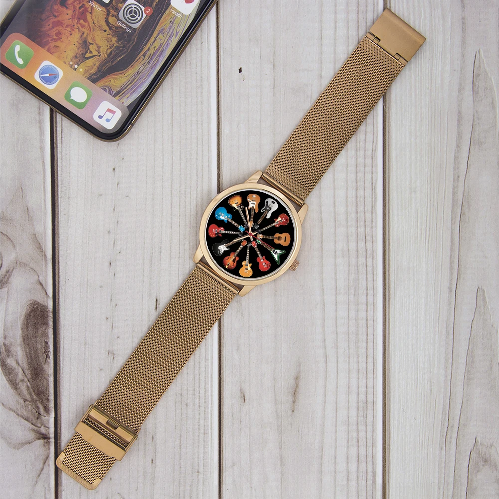 Orologio da uomo con quadrante da 45/38 mm di diametro per chitarra, movimento al quarzo universale, orologi, cinturino in pelle, acciaio inossidabile, silicone, oro rosa