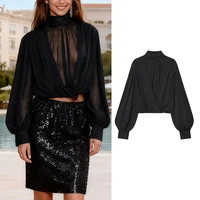 Women's Black Bow Tie Neck Blouse Sheer Puff Sleeve Cropped Chiffon Top for Party & Office