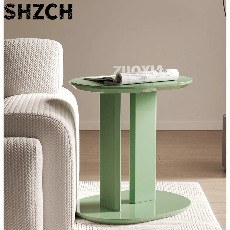 Cream Push Cart with Swivel Wheels, Movable Sofa Side Table, 2 Layers Storage Space, Plastic Tea Table, with Metal Frame