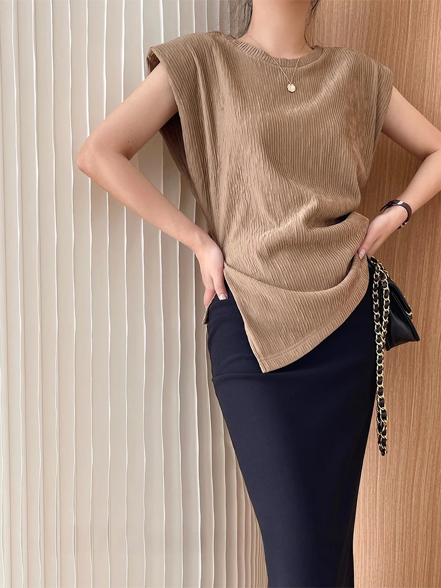 

Модный фактурный топ с круглым вырезом и мягкой подкладкой на плечах, с эффектом утягивания талии, свободного кроя, в корейском стиле, для женщин