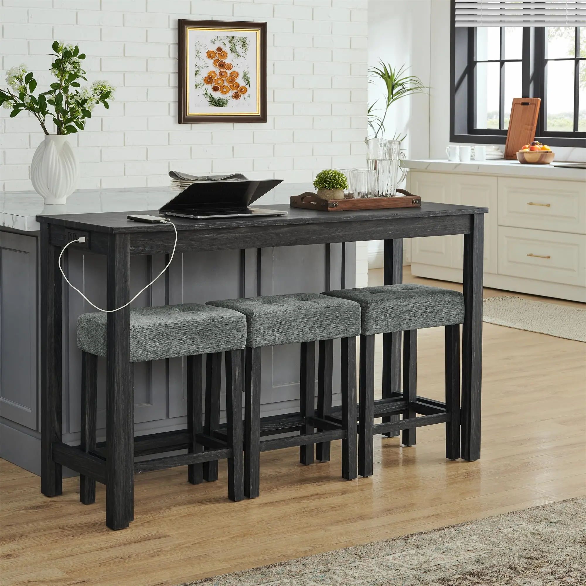 Industrial 3-Person Counter Height Rectangle Bar Table Set with Power Outlet, 4-Piece Dinette Set with Padded Seat