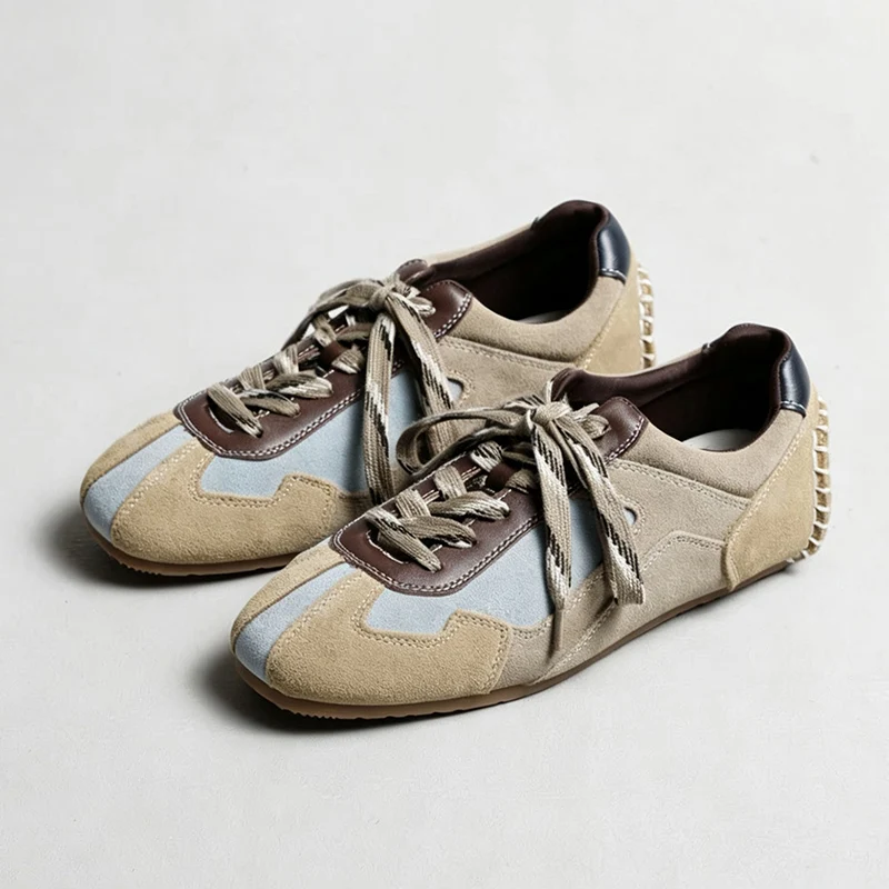 Damen-Sneaker im Retro-Stil aus Wildleder mit Patchwork-Muster, zum Schnüren, flache, kontrastfarbene Wanderschuhe, lässige, bequeme Alltagsschuhe für Damen-Outfits