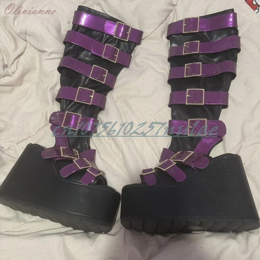 Preto e roxo fivela cintos decoração meados de bezerro botas dedo do pé aberto cunhas salto alto festa 2025 verão sapatos femininos zapatos para mujere