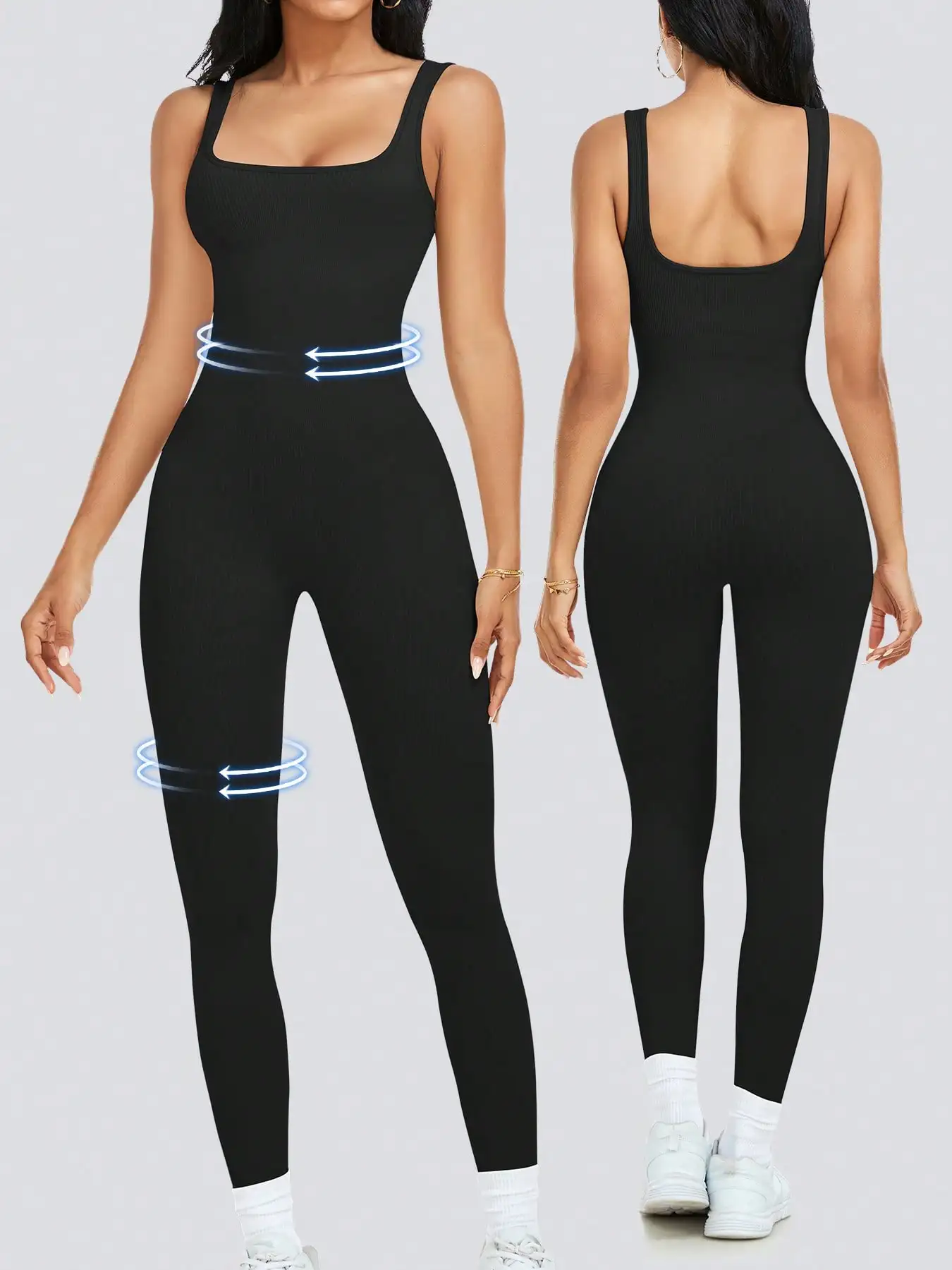 

BWQ Womens Workout Rompers Jumpsuits Seamless Ribbed Yoga Gym One Piece Sleeveless Square Neck Tank Top Leggings