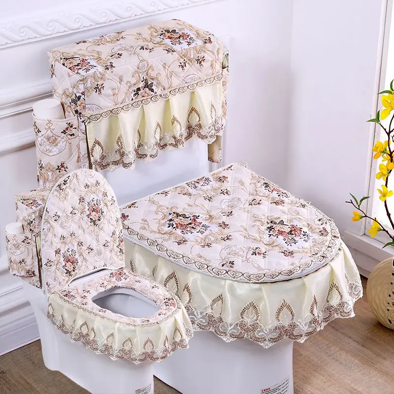 

Европейский стиль, кружевной край, чехол на сиденье унитаза, комплект из трех предметов, домашний простой коврик для унитаза, четырехсезонный коврик на сиденье унитаза с застежкой-молнией