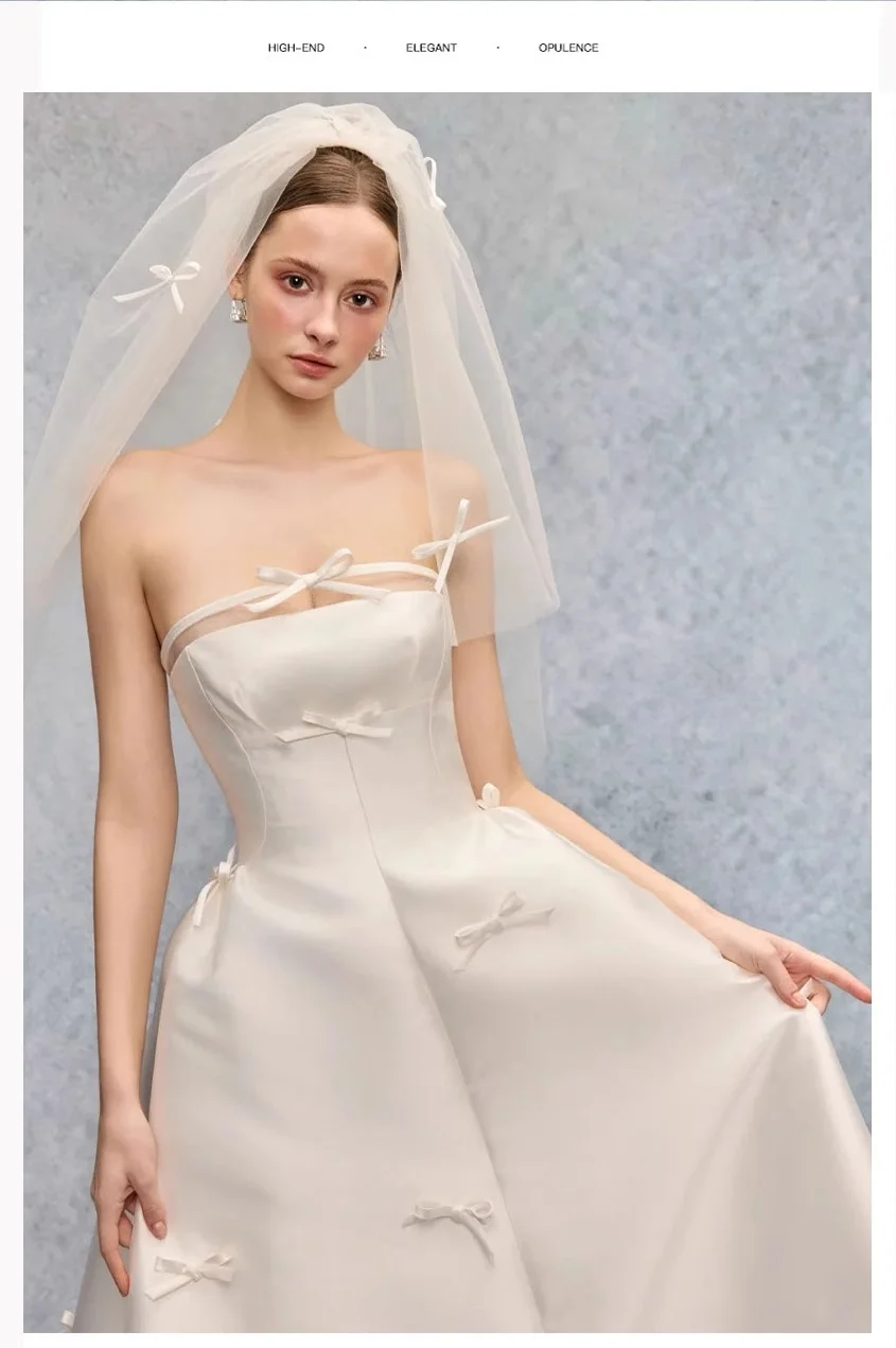 Abiti da sposa coreani Bowith Abito da sposa in raso con fiocco senza spalline Abito da sposa senza maniche lungo fino al pavimento personalizzato