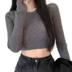 Womens Long Sleeve T Shirts Knit Crewneck Casual Ribbed Knit Slim Fit Pullover Sweater