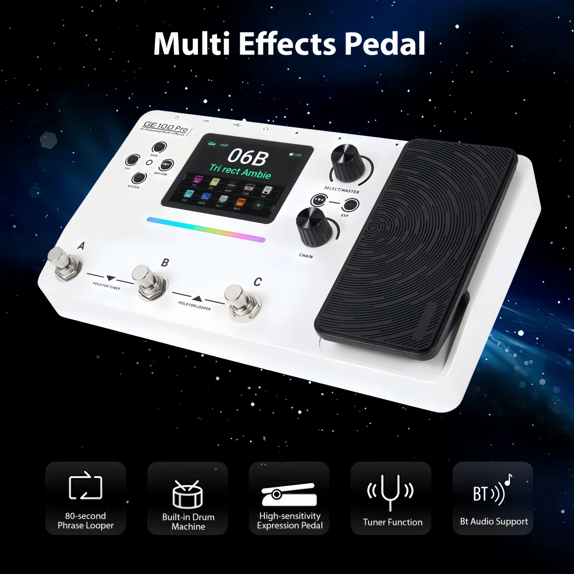 Mooer GE100 Pro Multi Effects Processor 3.5 Inch Screen AI Advisor 150 Presets Looper Drum Machine for Guitar Live Performance