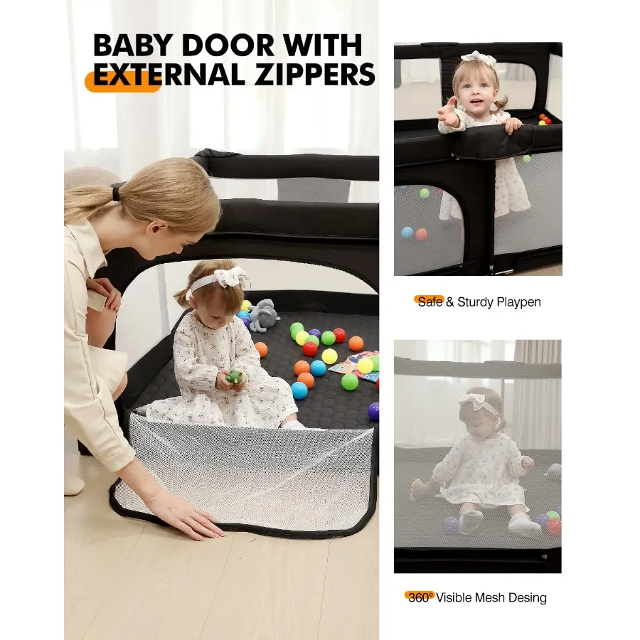 Parque infantil plegable para bebés con tapete grueso no extraíble, plegable para bebés y niños pequeños, parque infantil plegable extra grande (negro 51"×51")