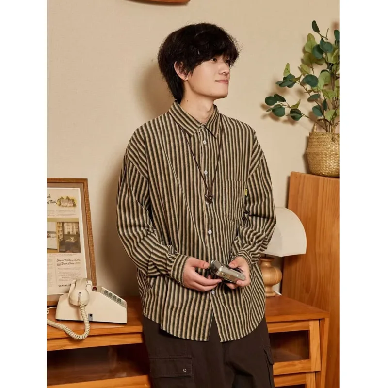 Khaki Vertical Stripe Long Sleeve Shirt Unisex Korean Loose Fit Soft Cotton Blend Button Up Top Minimalist Style All Year Round