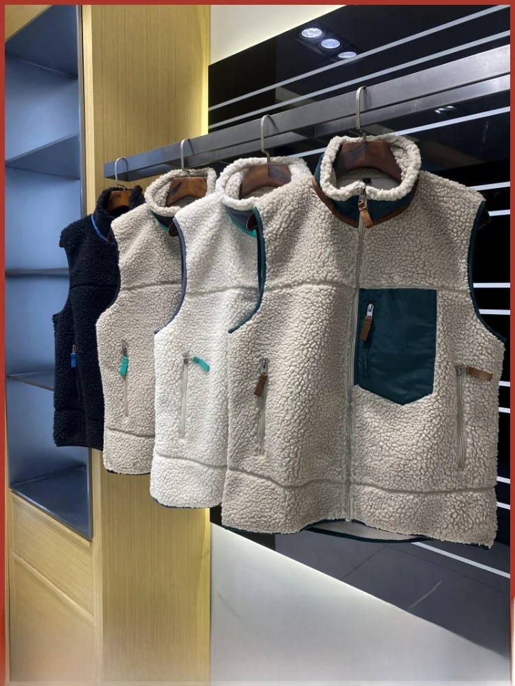 

ex Faux Lamb Fur Vest Zipper Fce Lined Versatile Autumn Outdoor Stand Collar Warm Trendy Vest for Couples Youth Faion