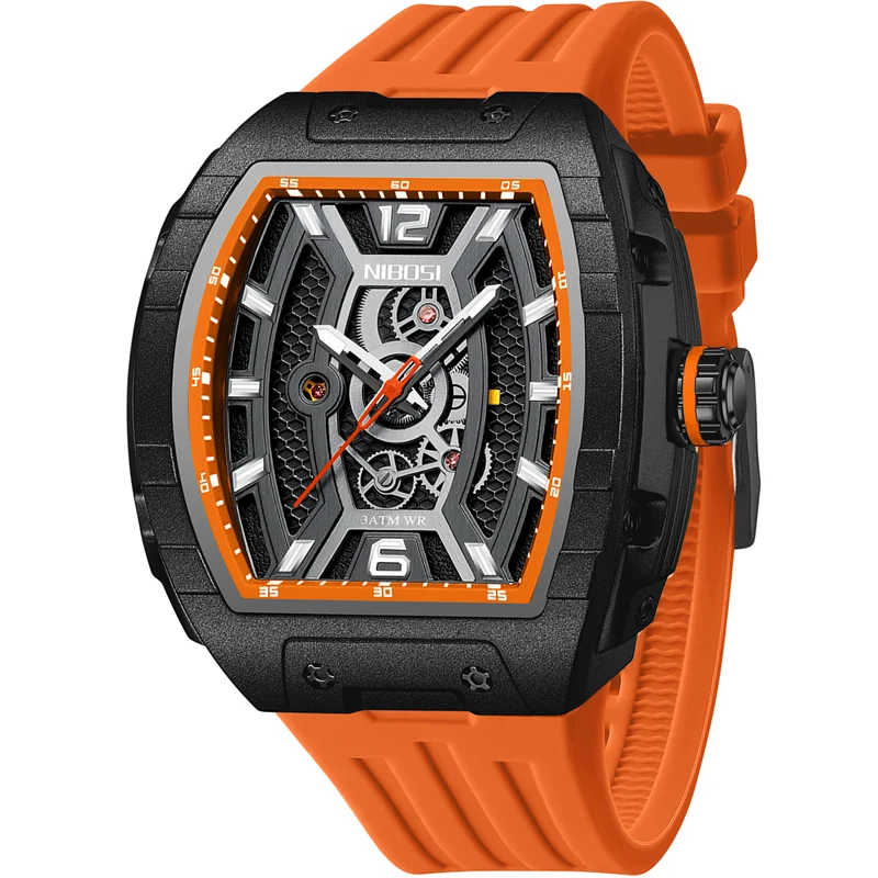 

NIBOSI Tonneau мужские часы полые кварцевые наручные часы силиконовый ремешок большой циферблат дизайн водонепроницаемые часы светящиеся часы для мужчин