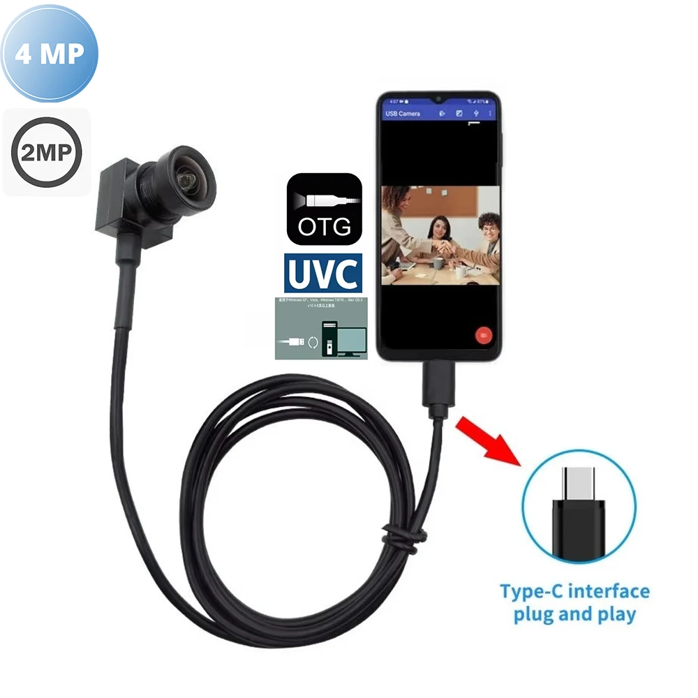 

4 МП 2K 1080P 30 кадров/с Мини USB-камера UVC с объективом 2,8 мм без искажений, широкоугольная 120°, поддержка Android/Windows/Linux