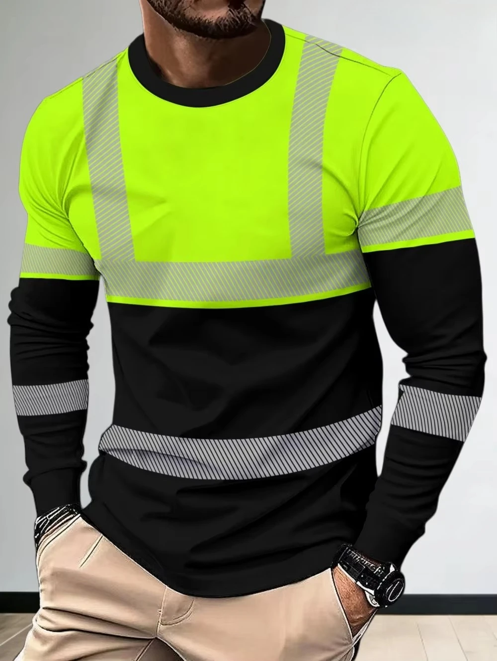 Vêtements de travail pour hommes, haute visibilité, manches longues, imprimé 3D, noir, vert fluorescent, couleurs contrastées, respirants, séchage rapide, pour travaux de construction en extérieur.