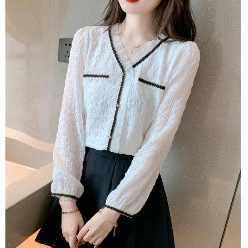 

Elegant Contrast Patchwork Shirt Tops Spring Autumn New Long Sleeve V Neck All-match Office Blouse Fashion Casual Women Clothing