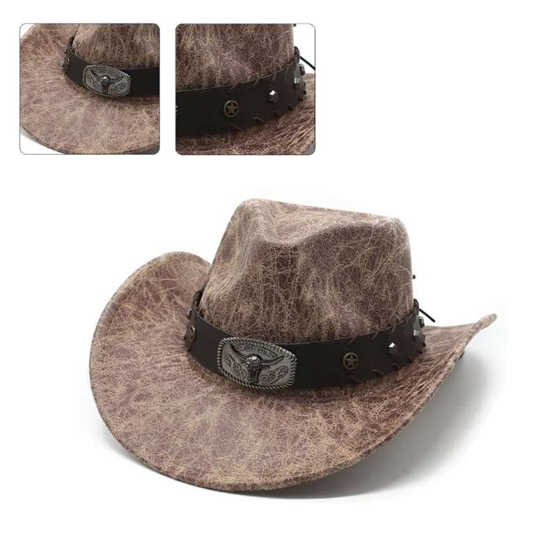 Adult Punk Cowboy Hat Rolled Brim Hat Fedoras Wear Resistant Cowboy Hat with Adjustable Length Hat Rope