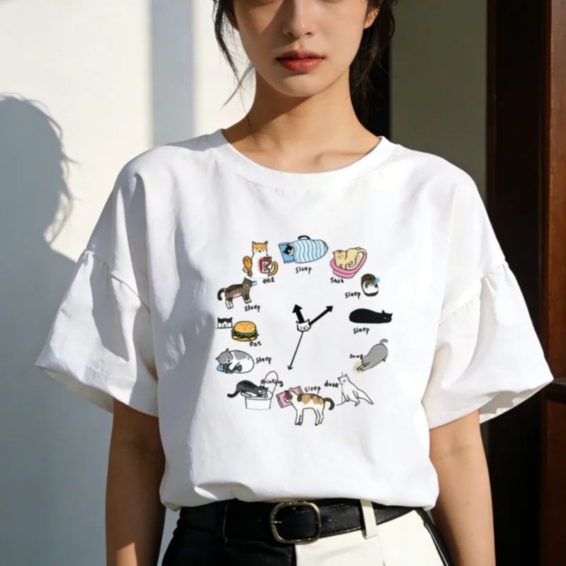 Unisex Funny Cats Clock Print T-Shirt Cotton Short Sleeve Loose Graphic Top Tees Ins Fashion Cute Women Tee