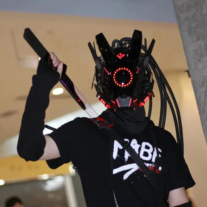 

New ★ Cyberpunk mask red lighting led with hair Music Festival fantastic cosplay sci-fi soldier helmet Halloween party★ 2025 qi☆