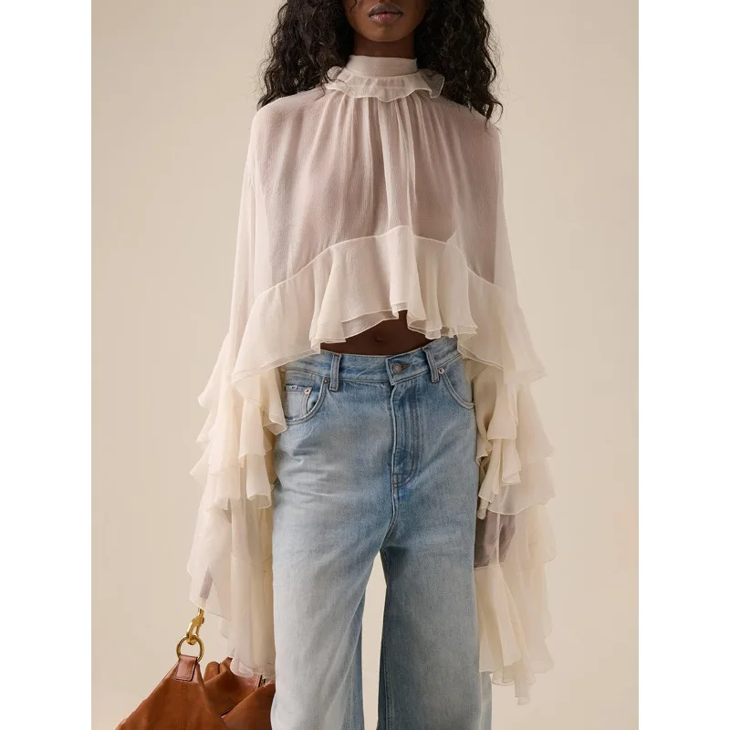 

Solid Spliced Ruffles Loose Blouses For Women I Neck Long Sleeveless Temperament Minimalsit Shirts Female Fashion