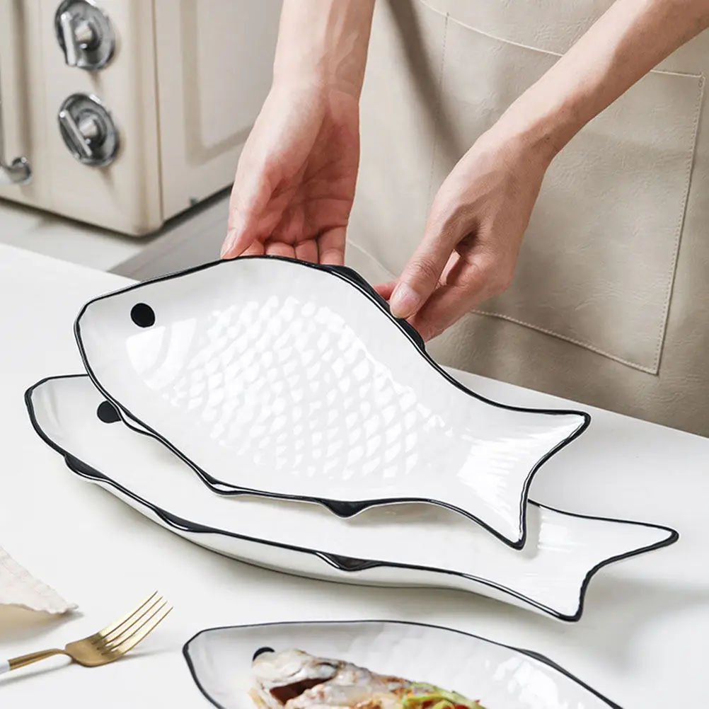 Ceramic Fish Shaped Steaming Plate for Microwave Oven Heat Resistant Food Grade Safe Dishwasher Friendly Kitchen Tableware
