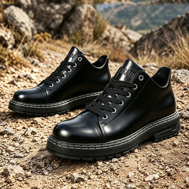 Schwarze Herren-Lederschuhe mit Schnürung, dicke Sohle, Business-Casual, formelle Alltagsschuhe, Oxford-Schuhe für Männer – Detail 13
