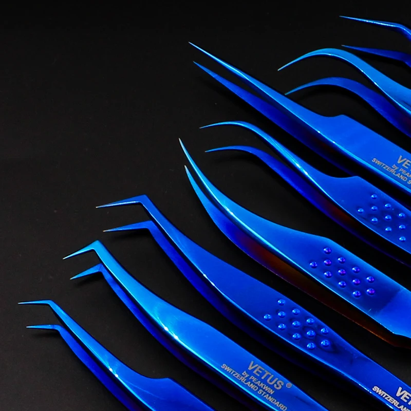 8pcs VETUS Tweezers Original MCS Premium Eyelash Tweezers Bright Blue Ultra Precision Tip for Volume Eyelashes Extension