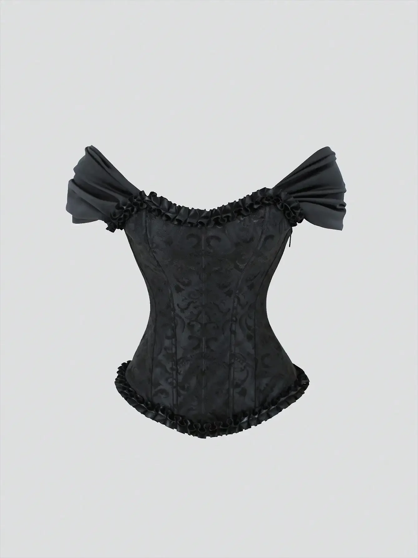 

Sweetra Women Frill Trim Lace Up Back Corset Top, Body Shape Bustier Vintage Jacquard Top,Ladies Casual Asymmetrical,Frill,Lace Up Raglan Sleeve Off The Shoulder Slim Fit Black Plain Women Tops,Spring/Summer,Casual Daily Wear