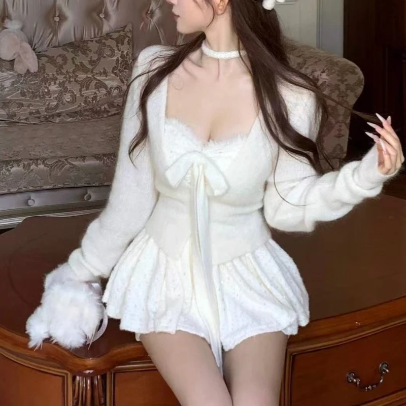 Winter Sweet Elegant Fashion 2 Piece Sets Women Vintage Cute Bow Design Coats + Mini Dress Japanese Casual Chic Lovely Outfits
