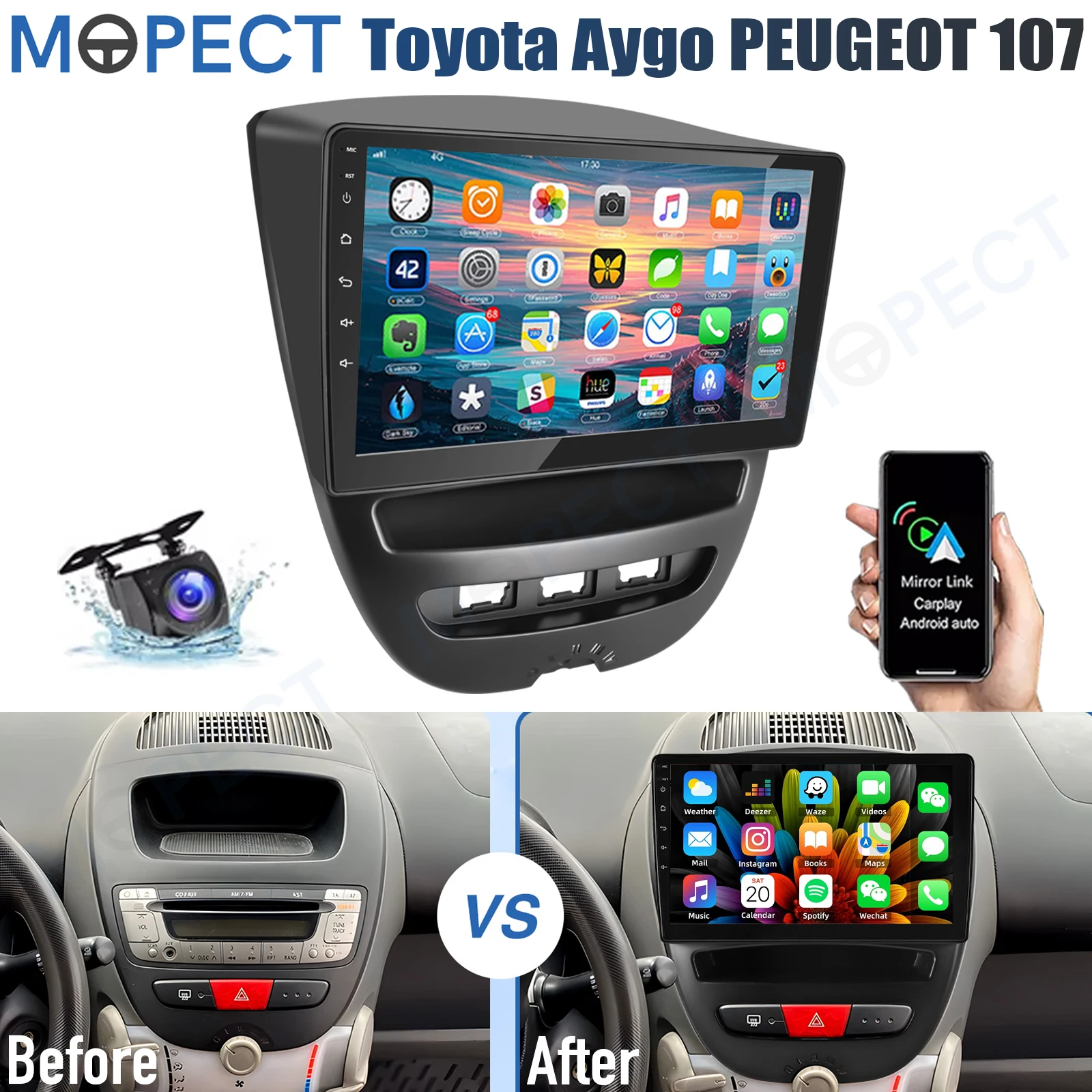 MOPECT 10.1" Android 15 autoradio voor Toyota Aygo / PEUGEOT 107 / Citroen C1 2005-2014 WiFi Carplay 4G+64G SWC FM+DVR&CAM