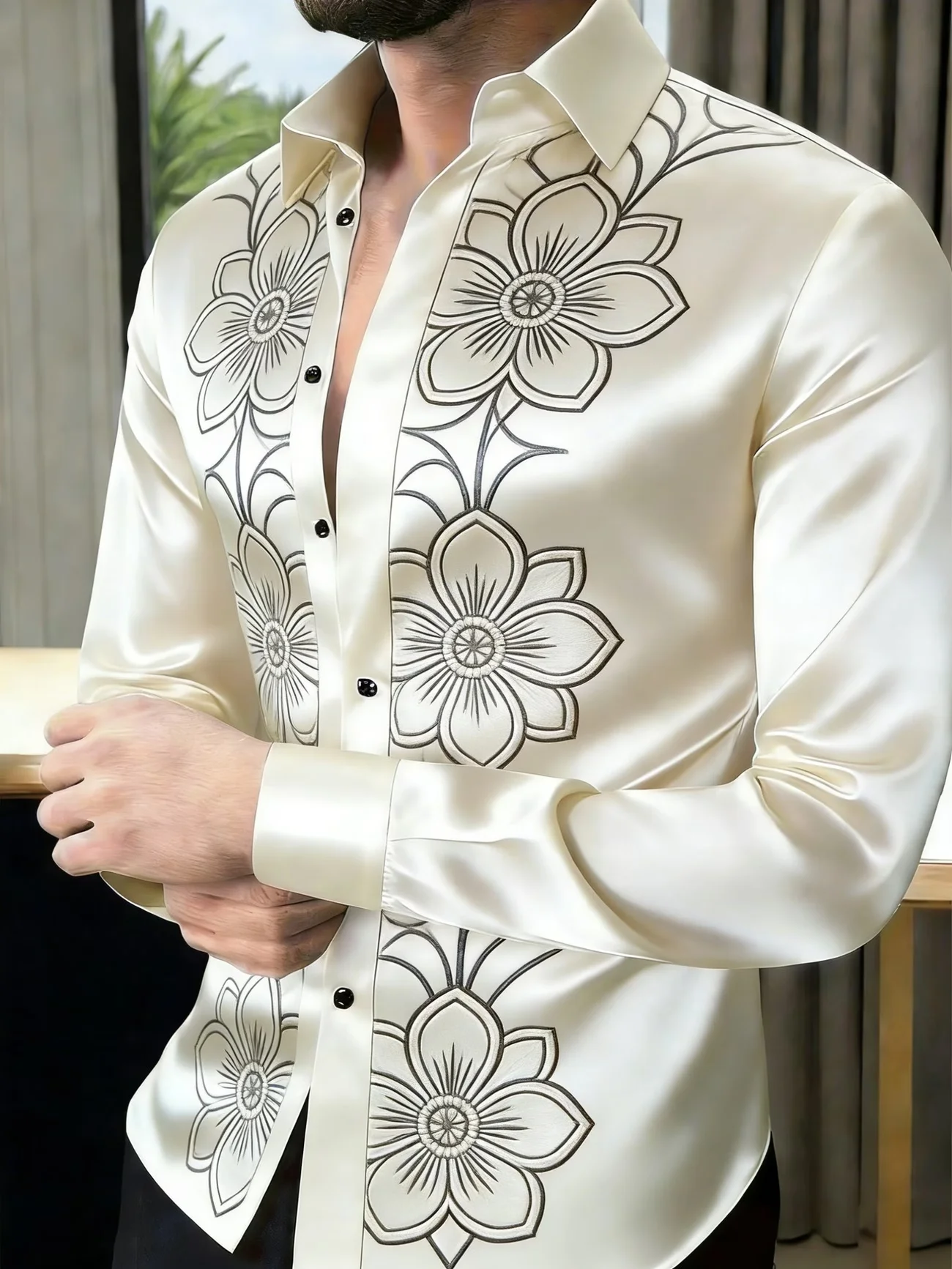 New men's smooth beige satin bottom with lotus flower branches, simple retro slim fit long sleeved shirt