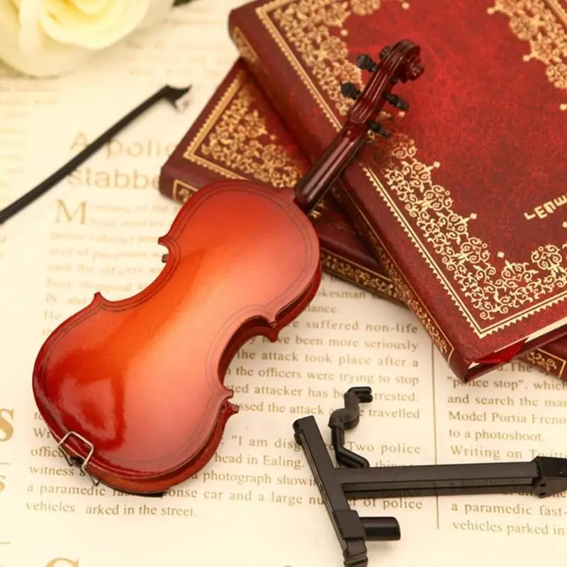 652F Mini Violin Model Set Wooden Miniature Violin with Stand,Case for Dollhouses Accessory Home Decoration Display Ornament