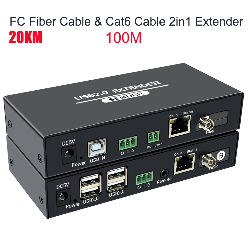 20Km USB2.0 Fiber Extender Over FC Optic Cable 4 Port USB Extension Transmission Via RJ45 Cat6 100m for Security Camera Webcam