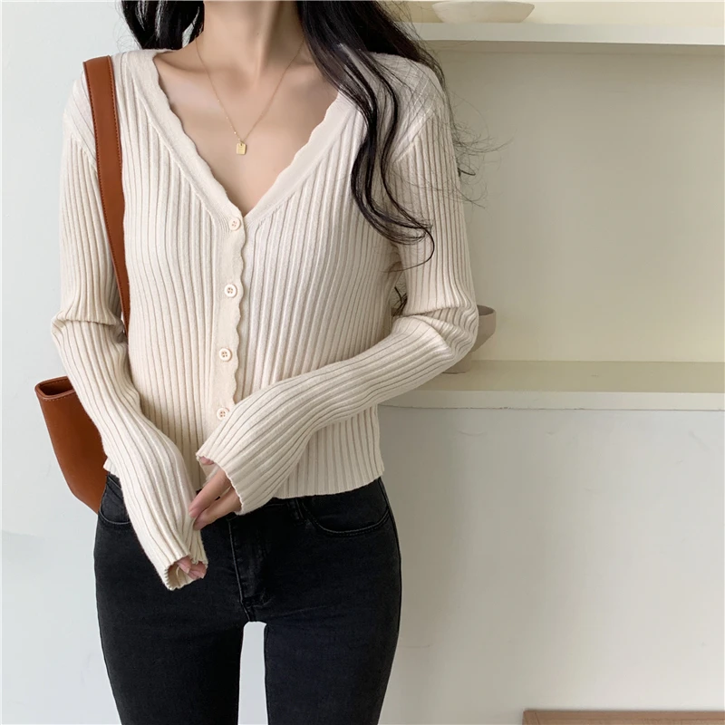 Women Autumn Korean Simplicity Slim Striped Solid Color V-neck Long Sleeve Knitwear Ladies Office Lady Appear Thin Knitting Tops