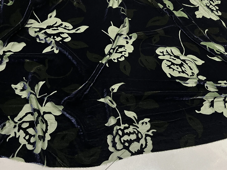 High Quality Real Silk Velvet Clothing Fabric Grass Green Bottom Blue Black Hollow Flowers Designer for Cheongsam Qipao