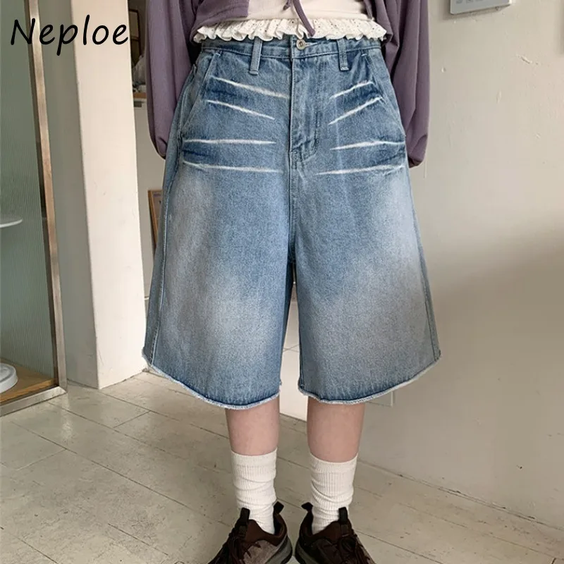 Neploe Fashion Vintage Straight Short Jeans Women 2024 Summer New Five-point Pants Y2k High Waist Loose Wide Leg Pants