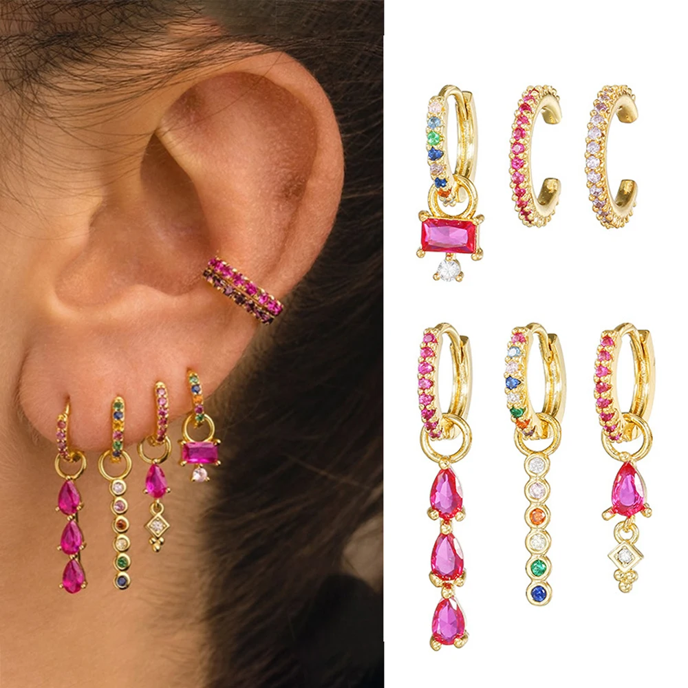 ZAKOL 6pcs/set Luxury Rose Red Colorful Zircon Stainless Steel Water Drop Hoop Earring For Women Huggie Women's Jewelry