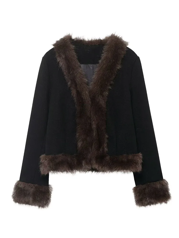 

Новое поступление женской одежды 2025: лоскутная куртка с длинными рукавами в европейском и американском стиле с меховой отделкой