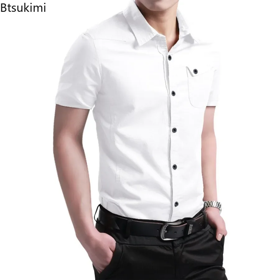 2024 Men\'s Summer Casual Short Sleeve Shirts Solid Cotton Male Fashion Tops Lapel Slim Fit Club Business Office Shirts Men M-5XL