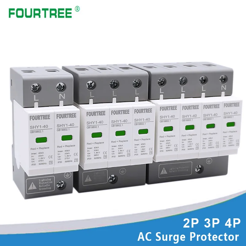 AC SPD Surge Protection 2P 3P 4P 10〜20KA/20〜40KA /30KA〜60KA House Lightning  Protector Low-Voltage Arrester Protective Device