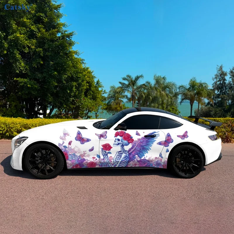 

Цветочные крылья черепа, красочные автомобильные виниловые наклейки, самоклеящаяся наклейка из ПВХ, подходит для грузовиков, внедорожников, декор, автоаксессуары, подарок