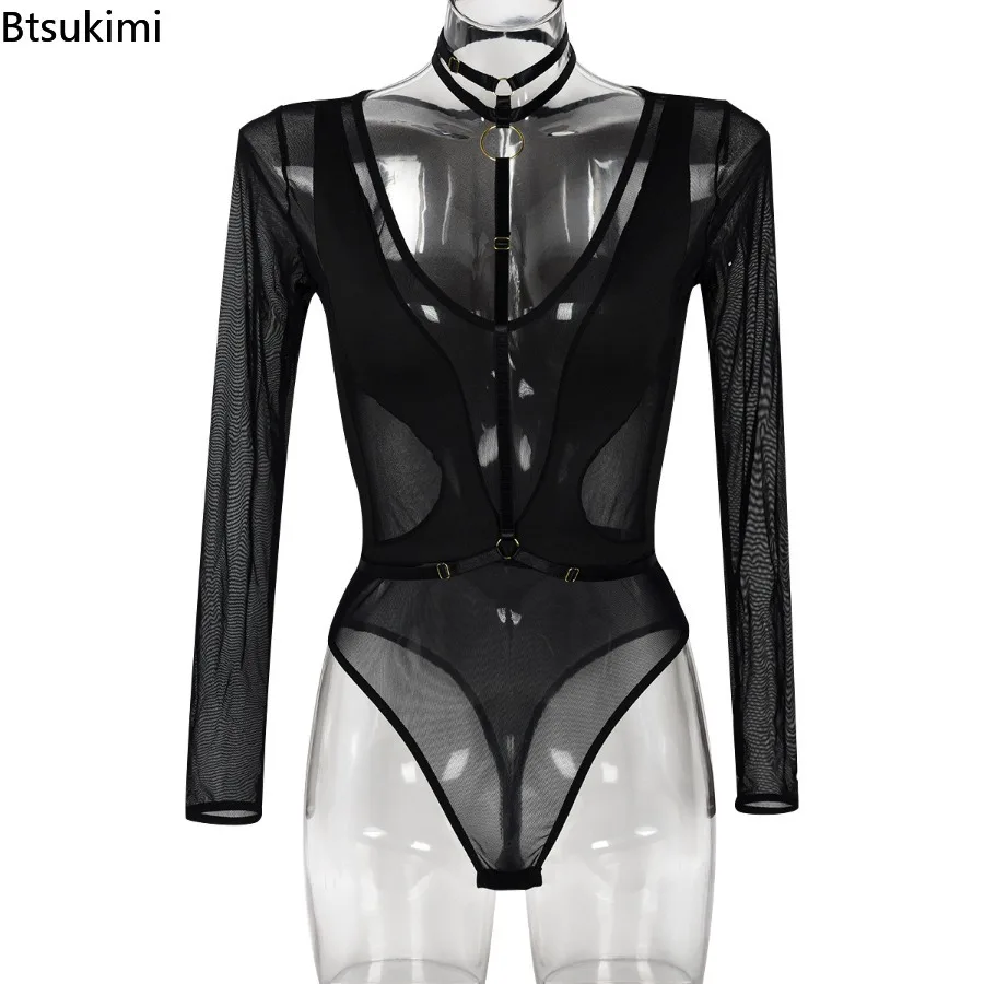 المرأة مثير داخلية شبكة الربيع والخريف جديد طويل الأكمام جوفاء شفافة الربط شنقا الرقبة الخامس الرقبة بذلة