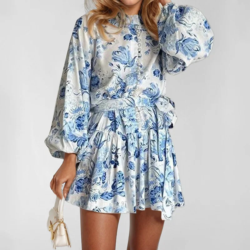 Vintage Printed Lace-Up Shirt Dress For Women Spring Summer Fashion Ruffled Pleated Long Sleeve High Street Women's Mini Dresses