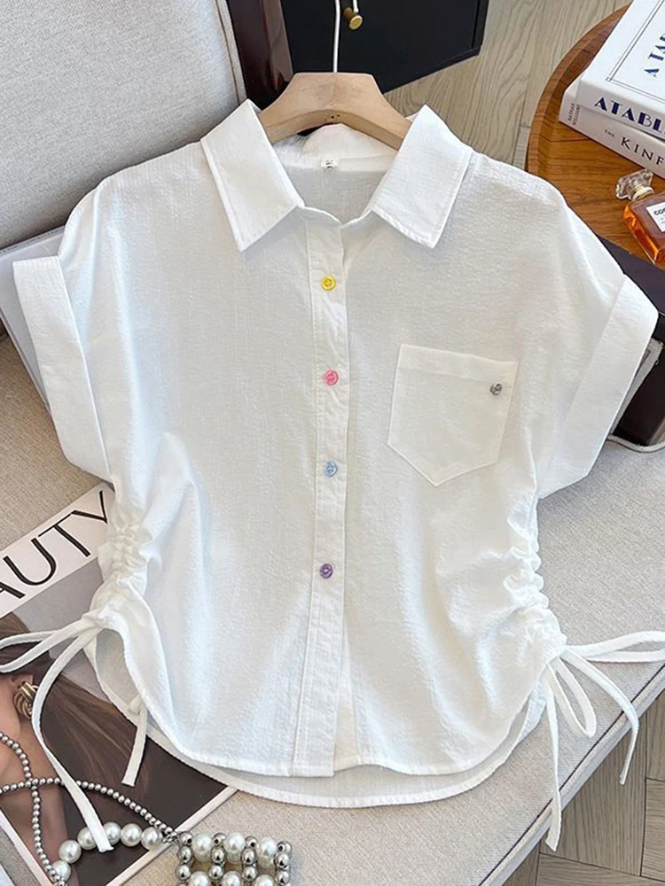 Koreańska urocza koszula w paski damska luźna z krótkim rękawem vintage bluzka codzienna letnia kolorowa z guzikami marszczeniami w stylu preppy topy