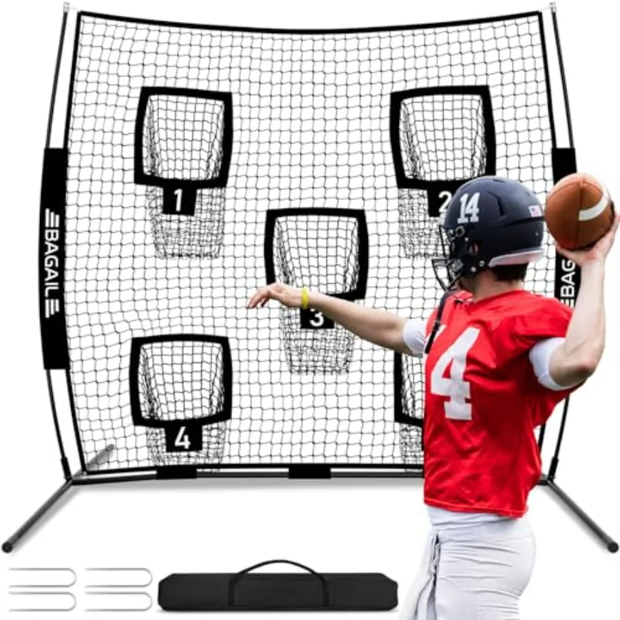 

Football Throwing Net with 5 or 9 Target Pockets - Heavy-Duty Durable Material Orange and Black Design Easy Setup Portable QB A