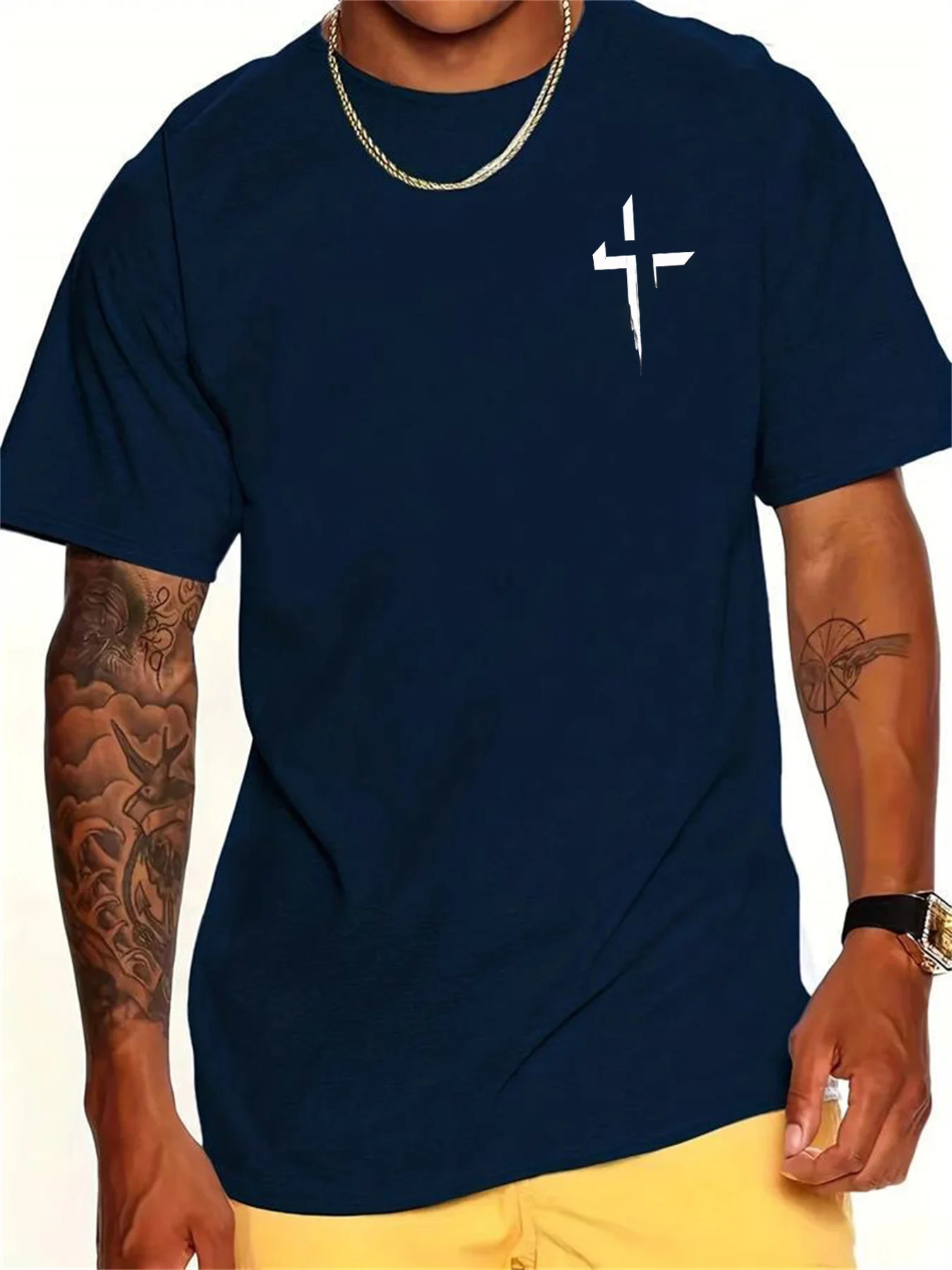 夏のメンズ綿 100% カジュアルルーズ大クロス信仰プリントスポーツ快適なラウンドネック半袖 Tシャツトップ